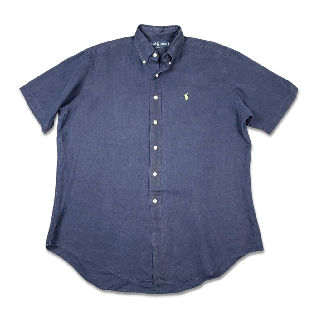 Ralph Lauren Button Down Shirt Men L Navy Blue Preppy Linen Classic Fit S/S Pony